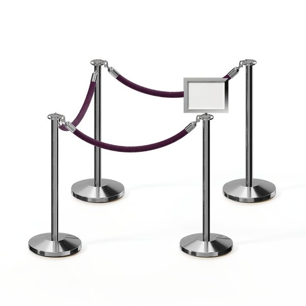 Montour Line Stanchion Post & Rope Kit PolSteel 4FlatTop 3Purple Rope 85x11HSign C-Kit-3-PS-FL-1-Tapped-1-8511-H-3-PVR-PE-PS
